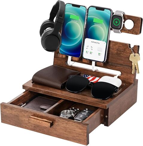 Gifts for Men Dad, Wood Phone Docking Station, Unique Birthday Gifts for Father from Daughter Son, Men Nightstand Organizer, Unique Husband Anniversary Best Gift for Him Boyfriend from Wife Girlfriend in Saudi Arabia