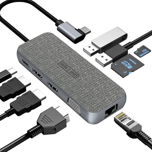 محطة إرساء الكمبيوتر المحمول USB C، دونجل محول متعدد المنافذ 9 في 1 من النوع C مع 3 شاشات، HDMI مزدوج، VGA، PD 100W، Ethernet، SD/TF2.0، منافذ USB C، متوافقة مع أجهزة الكمبيوتر المحمولة Dell/Surface/HP/Lenovo in Kuwait