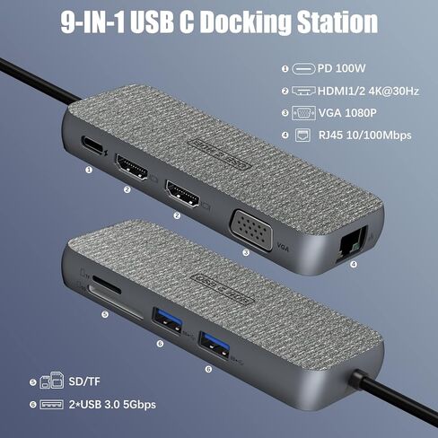 محطة إرساء الكمبيوتر المحمول USB C، دونجل محول متعدد المنافذ 9 في 1 من النوع C مع 3 شاشات، HDMI مزدوج، VGA، PD 100W، Ethernet، SD/TF2.0، منافذ USB C، متوافقة مع أجهزة الكمبيوتر المحمولة Dell/Surface/HP/Lenovo in Kuwait