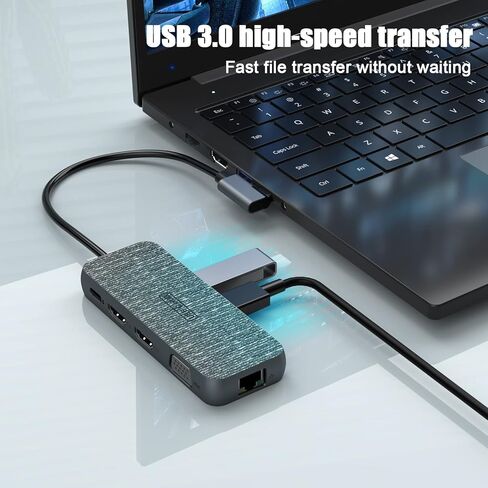 محطة إرساء الكمبيوتر المحمول USB C، دونجل محول متعدد المنافذ 9 في 1 من النوع C مع 3 شاشات، HDMI مزدوج، VGA، PD 100W، Ethernet، SD/TF2.0، منافذ USB C، متوافقة مع أجهزة الكمبيوتر المحمولة Dell/Surface/HP/Lenovo in Kuwait