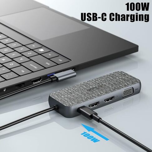 محطة إرساء الكمبيوتر المحمول USB C، دونجل محول متعدد المنافذ 9 في 1 من النوع C مع 3 شاشات، HDMI مزدوج، VGA، PD 100W، Ethernet، SD/TF2.0، منافذ USB C، متوافقة مع أجهزة الكمبيوتر المحمولة Dell/Surface/HP/Lenovo in Kuwait
