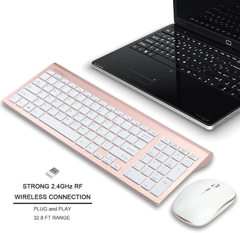 مجموعة ماوس لوحة مفاتيح لاسلكية، TERKIMOT قابلة لإعادة الشحن 2.4G لوحة مفاتيح كاملة الحجم هادئة للغاية وتصميم مريح وصغير الحجم لنظام التشغيل Windows، والكمبيوتر، وسطح المكتب، والكمبيوتر الشخصي، والكمبيوتر المحمول (ذهبي وردي) in Kuwait