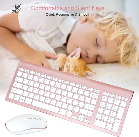 مجموعة ماوس لوحة مفاتيح لاسلكية، TERKIMOT قابلة لإعادة الشحن 2.4G لوحة مفاتيح كاملة الحجم هادئة للغاية وتصميم مريح وصغير الحجم لنظام التشغيل Windows، والكمبيوتر، وسطح المكتب، والكمبيوتر الشخصي، والكمبيوتر المحمول (ذهبي وردي) in Kuwait