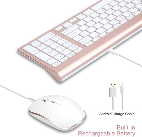 مجموعة ماوس لوحة مفاتيح لاسلكية، TERKIMOT قابلة لإعادة الشحن 2.4G لوحة مفاتيح كاملة الحجم هادئة للغاية وتصميم مريح وصغير الحجم لنظام التشغيل Windows، والكمبيوتر، وسطح المكتب، والكمبيوتر الشخصي، والكمبيوتر المحمول (ذهبي وردي) in Kuwait