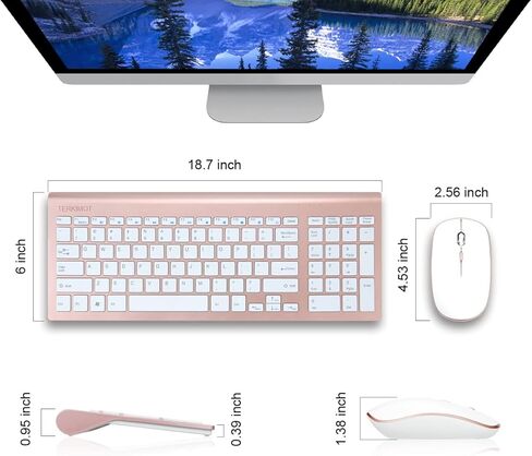 مجموعة ماوس لوحة مفاتيح لاسلكية، TERKIMOT قابلة لإعادة الشحن 2.4G لوحة مفاتيح كاملة الحجم هادئة للغاية وتصميم مريح وصغير الحجم لنظام التشغيل Windows، والكمبيوتر، وسطح المكتب، والكمبيوتر الشخصي، والكمبيوتر المحمول (ذهبي وردي) in Kuwait