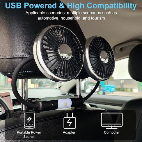 مروحة سيارة للمقعد الخلفي للأطفال، مروحة مقعد سيارة USB مزدوجة الرأس مع أضواء LED، قابلة للدوران 360 درجة 3 سرعات رياح قوية لمسند الرأس الخلفي للسيارة، مراوح هواء تبريد للمركبات RV SUV Truck in Saudi Arabia