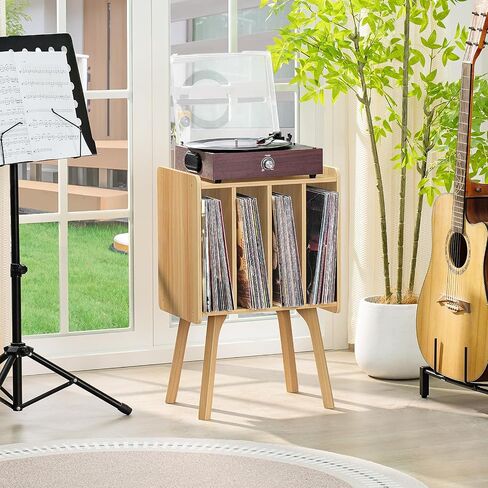 حامل مشغل تسجيل صغير - عرض 11.7 بوصة، طاولة تخزين تسجيلات الفينيل الطبيعية مع 4 خزانة تصل إلى 80 ألبومًا، حامل فينيل بأرجل خشبية، رف عرض بحامل القرص الدوار لغرفة المعيشة in Kuwait