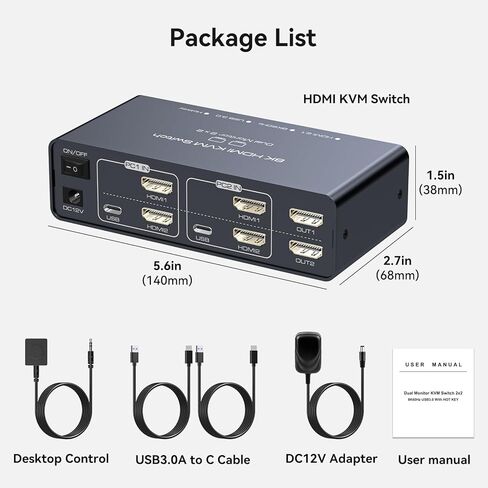 مفتاح KVM 2 شاشتين، 2 جهاز كمبيوتر 8K60 هرتز 4K120 هرتز، مفاتيح KVM، HDMI KVM Switch شاشة مزدوجة تسمح لجهازي كمبيوتر بمشاركة شاشتين و4 أجهزة USB تدعم مفتاح التشغيل السريع (USB C غير مدعوم) in Kuwait