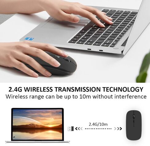 ماوس لاسلكي صامت قابل للشحن - USB محمول - ماوس لاسلكي أسود رفيع لأجهزة الكمبيوتر المحمول، ماك، الكمبيوتر الشخصي - ماوس كمبيوتر لاسلكي مع 3 نقاط لكل بوصة قابلة للتعديل in Kuwait