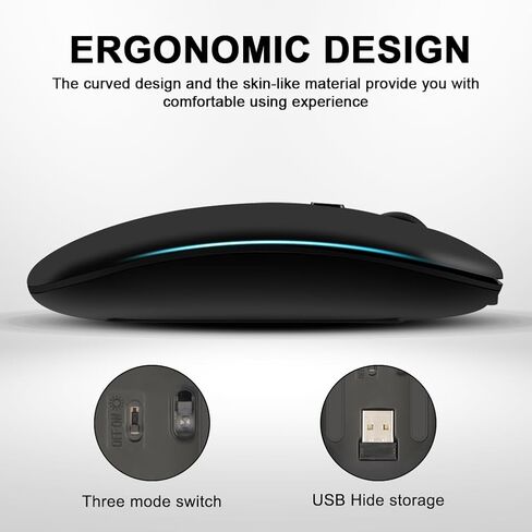 ماوس لاسلكي صامت قابل للشحن - USB محمول - ماوس لاسلكي أسود رفيع لأجهزة الكمبيوتر المحمول، ماك، الكمبيوتر الشخصي - ماوس كمبيوتر لاسلكي مع 3 نقاط لكل بوصة قابلة للتعديل in Kuwait