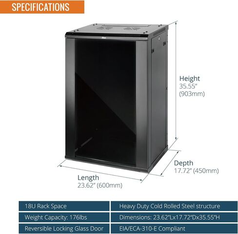 18U Wall Mount Server Cabinet,17.7inch Depth Elite Network Cabinet,Network Rack,Server Rack for 19inch Computer/AV/Data/IT/Media Equipment,Black,with Cooling Fans,Glass Door,Flat Pack. in Saudi Arabia