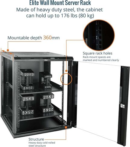 18U Wall Mount Server Cabinet,17.7inch Depth Elite Network Cabinet,Network Rack,Server Rack for 19inch Computer/AV/Data/IT/Media Equipment,Black,with Cooling Fans,Glass Door,Flat Pack. in Saudi Arabia