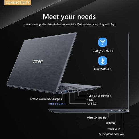 كمبيوتر محمول Tulasi، ذاكرة وصول عشوائي LPDDR4X بسعة 12 جيجابايت وذاكرة وصول عشوائي 256 جيجابايت NVMe SSD، معالج Intel 4-Cores N5095 Windows 11 كمبيوتر محمول، شاشة 14 بوصة 1080P IPS، يدعم 2.4G/5G WiFi، بلوتوث 4.2، USB نوع C، كاميرا ويب in Saudi Arabia