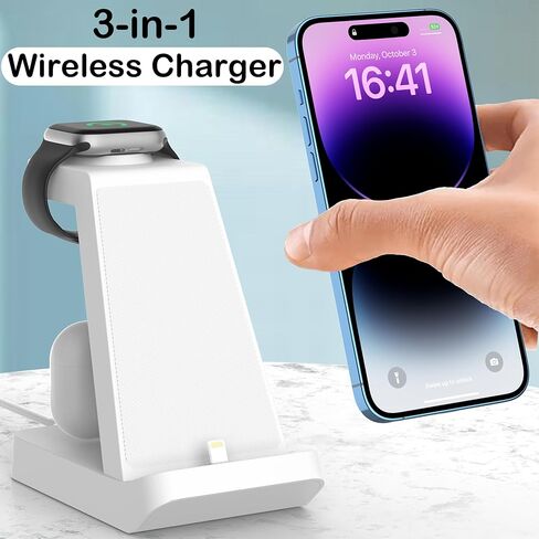 قاعدة شحن لهاتف iPhone 10w، حامل شحن لاسلكي سريع 3 في 1 لسلسلة Apple Watch Airpods iPhone 14 13 12 11 X Pro Max XS XR 8 SE 7 6 5 4 (أبيض) in Saudi Arabia