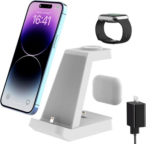 قاعدة شحن لهاتف iPhone 10w، حامل شحن لاسلكي سريع 3 في 1 لسلسلة Apple Watch Airpods iPhone 14 13 12 11 X Pro Max XS XR 8 SE 7 6 5 4 (أبيض) in Saudi Arabia