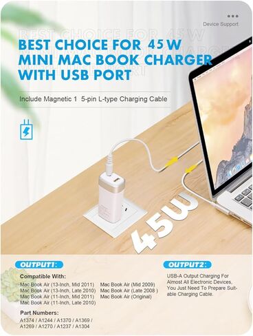 شاحن صغير 45 وات متوافق مع Mac Book Air 11/13 بوصة، موصل مغناطيسي من النوع L من الجيل الأول، محول USB بديل محمول للسفر A1374 A1244 A1370 A1369 A1377 A1237 A1304 (قبل منتصف 2012) in Kuwait