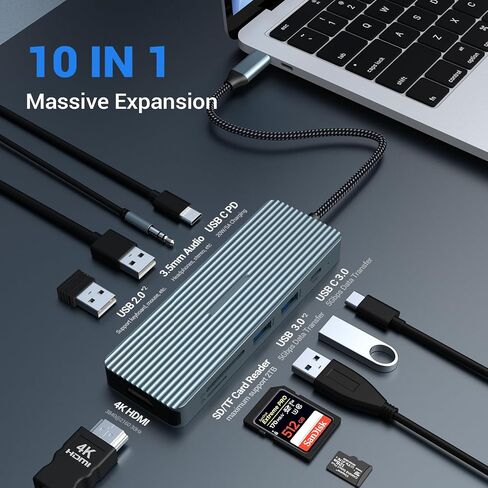 موزع USB C 10 في 1، محول USB C مع HDMI 4K، 2 منافذ USB 3.0، نقل بيانات USB C 3.0، 2 x USB 2.0، 100 وات PD، SD/TF لأجهزة الكمبيوتر المحمولة والأجهزة من النوع C والمزيد in Saudi Arabia
