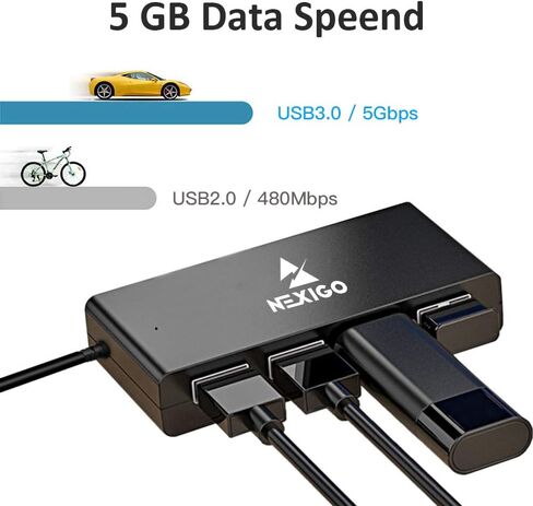 NexiGo USB 4 Port Ultra Slim 3.0 Hub متعدد المنافذ، كابل 2 قدم، ينطبق على iMac Pro، MacBook Air، Mac Mini/Pro، Surface Pro، الكمبيوتر المحمول، الكمبيوتر المحمول، محركات أقراص فلاش USB، الهاتف المحمول والمزيد in Kuwait