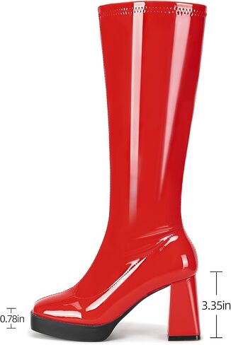 Knee High Boots for Women Platform GoGo Boots Patent Leather Square Toe Chunky Heel Boots Zipper Party Rave Tall Booties in Saudi Arabia