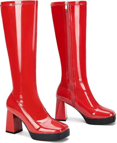 Knee High Boots for Women Platform GoGo Boots Patent Leather Square Toe Chunky Heel Boots Zipper Party Rave Tall Booties in Saudi Arabia