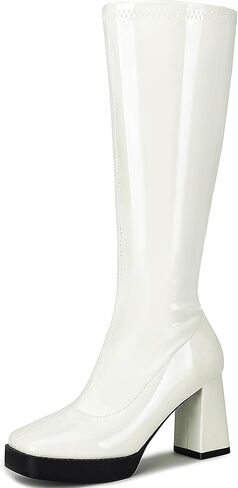 Knee High Boots for Women Platform GoGo Boots Patent Leather Square Toe Chunky Heel Boots Zipper Party Rave Tall Booties in Saudi Arabia