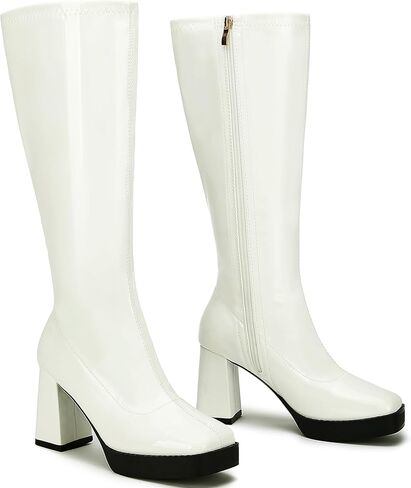 Knee High Boots for Women Platform GoGo Boots Patent Leather Square Toe Chunky Heel Boots Zipper Party Rave Tall Booties in Saudi Arabia
