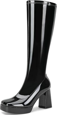 Knee High Boots for Women Platform GoGo Boots Patent Leather Square Toe Chunky Heel Boots Zipper Party Rave Tall Booties in Saudi Arabia