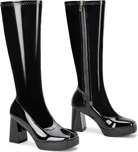 Knee High Boots for Women Platform GoGo Boots Patent Leather Square Toe Chunky Heel Boots Zipper Party Rave Tall Booties in Saudi Arabia