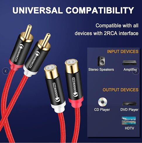 ANNNWZZD 2 كابل تمديد RCA، 2 RCA ذكر إلى 2 RCA أنثى غلاف نحاسي مطلي بالذهب 2RCA ذكر إلى 2RCA أنثى كابل ستيريو صوت موسع سلك محول 10FT in Kuwait