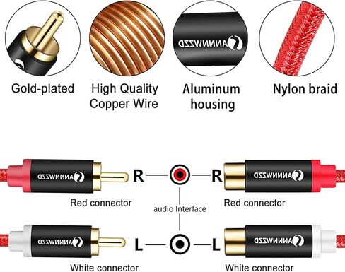 ANNNWZZD 2 كابل تمديد RCA، 2 RCA ذكر إلى 2 RCA أنثى غلاف نحاسي مطلي بالذهب 2RCA ذكر إلى 2RCA أنثى كابل ستيريو صوت موسع سلك محول 10FT in Kuwait