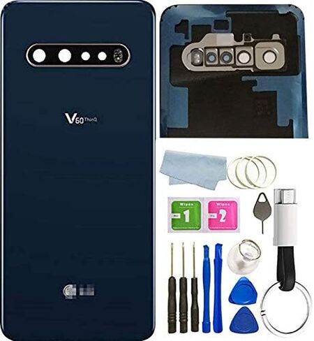 غطاء زجاجي خلفي V60 ThinQ بديل لباب الإسكان مع أجزاء شريطية لهاتف LG V60 ThinQ V600 5G جميع الموديلات مع كابل USB إلى Type-c + أدوات (أزرق أنيق) in Saudi Arabia