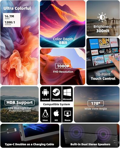 شاشة محمولة تعمل باللمس 14.1 بوصة 1080 بيكسل FHD IPS لأجهزة الكمبيوتر المحمول USB C HDMI، شاشة لمس خالية من السائق، موسع شاشة الكمبيوتر المحمول بالتوصيل، شاشة ألعاب السفر للكمبيوتر الشخصي MAC Phone Xbox PS4/5 Switch in Kuwait