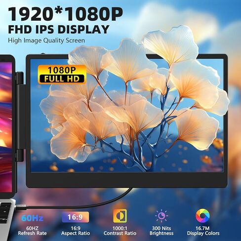 موسع شاشة الكمبيوتر المحمول، شاشة محمولة مقاس 14 بوصة 1080 بكسل FHD IPS ثلاثية موسع لأجهزة الكمبيوتر المحمول مقاس 13 بوصة - 17 بوصة مع مكبرات صوت مزدوجة مدمجة في حامل التوصيل والتشغيل المتوافقة مع Windows Mac Chrome Switch PS5 in Saudi Arabia