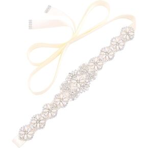 Fubney Bridal Belt With Pearls And Rhinestones Handmade Crystal Wedding Sash Belt For Bride Dress Plus Size