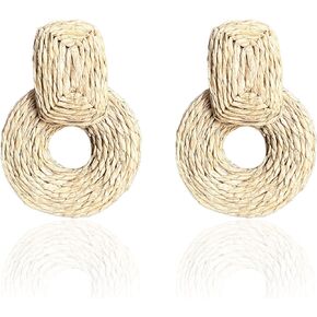 Just Follow Summer Rainbow Statement Raffia Round Earrings Boho Drop Handmade Straw Earrings Geometric Dangle Earrings for Women Girls With Gift Box