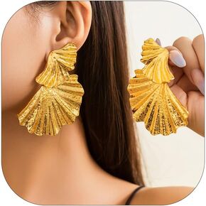 Bethynas Gold Metal Flower Leaf Dangle Earrings Irregular Geometric Petal Statement Earrings Long Tassel Dangle Earrings Bridal Party Circle Hoop Ear Jewelry for Women Girls