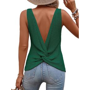 Floerns Women's Sleeveless Twist Backless V Neck Rib Knit Solid Tank Top