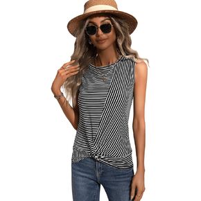 SweatyRocks Women's Sleeveless Stripe Print Shirt Casual Round Neck Twist Hem Tank Top