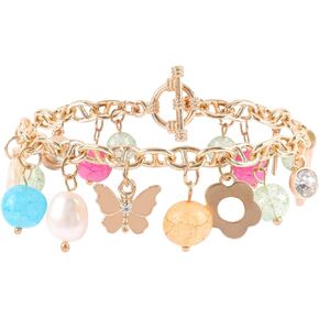 Colorful Charm Bracelet for Women Girls Gold Chain Bracelet with Cute Butterfly Flower Round Beads Smiley Face Pendant Statement Bracelet Summer Beach Party Y2K Preppy Jewelry Gift for Teen Girls