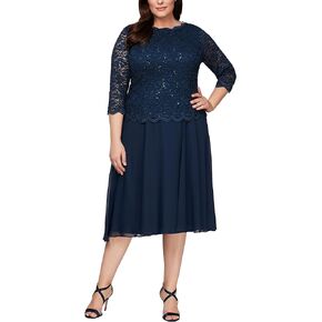 Alex Evenings Women's Plus Size Tea Length Lace Mock Dress