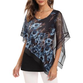 SeSe Code Women's Elegant Mesh Blouses Flowy Poncho Tops Dressy Casual Shirts