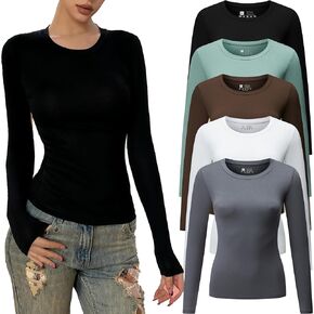 Women's Casual Basic Going Out Crop Tops Slim Fit Long Sleeve Crew Neck Tight T Shirts 5packs