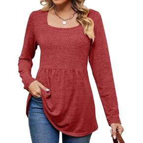 NEYOUQE Womens Puff Long Sleeve T Shirts Square Neck Loose Soft Casual Tops Fall Fashion Tees Plain Comfy Winter T-Shirt
