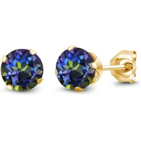 Gem Stone King 1.20 Ct Round Shape Blue Mystic Topaz Yellow Gold Plated Silver Stud Earrings