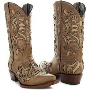 Soto Boots Womens Inlay Cowgirl Boots, Genuine Leather Cowgirl Boots, Handcrafted Cowboy Boots For Women M50060