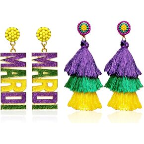 2 Pairs Mardi Gras Earrings for Women Letter MARDI GRAS Dangle Earrings Layered Long Fringe Tassel Statement Earrings Carnival Earrings for Fat Tuesday Celebrations Mardi Gras Parades Holiday Jewelry Gifts