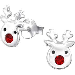 925 Sterling Silver Christmas reindeer Rudolph the red nosed reindeer Crystal Nose Stud Earrings 33415 (Nickel Free Hypoallergenic)