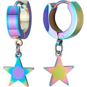 Pair Rainbow Stainless Steel Huggie Hinged Hoop Earrings with Dangling Star Pentagram, Men Women