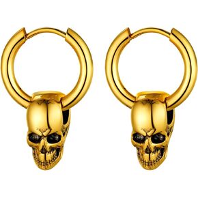 Cool Gothic Skull Earrings for Men Women, Black/Gold Plated Stainless Steel Halloween Earrings, Come Gift Box