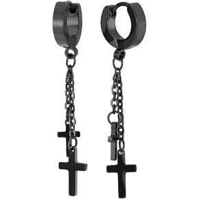Pair Stainless Steel Black Huggie Hinged Hoop Earrings with Two Long Dangle Crosses for Men Women